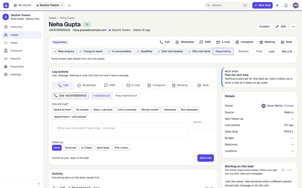 A lead page with the pipeline stages, call and message buttons and the details of the lead