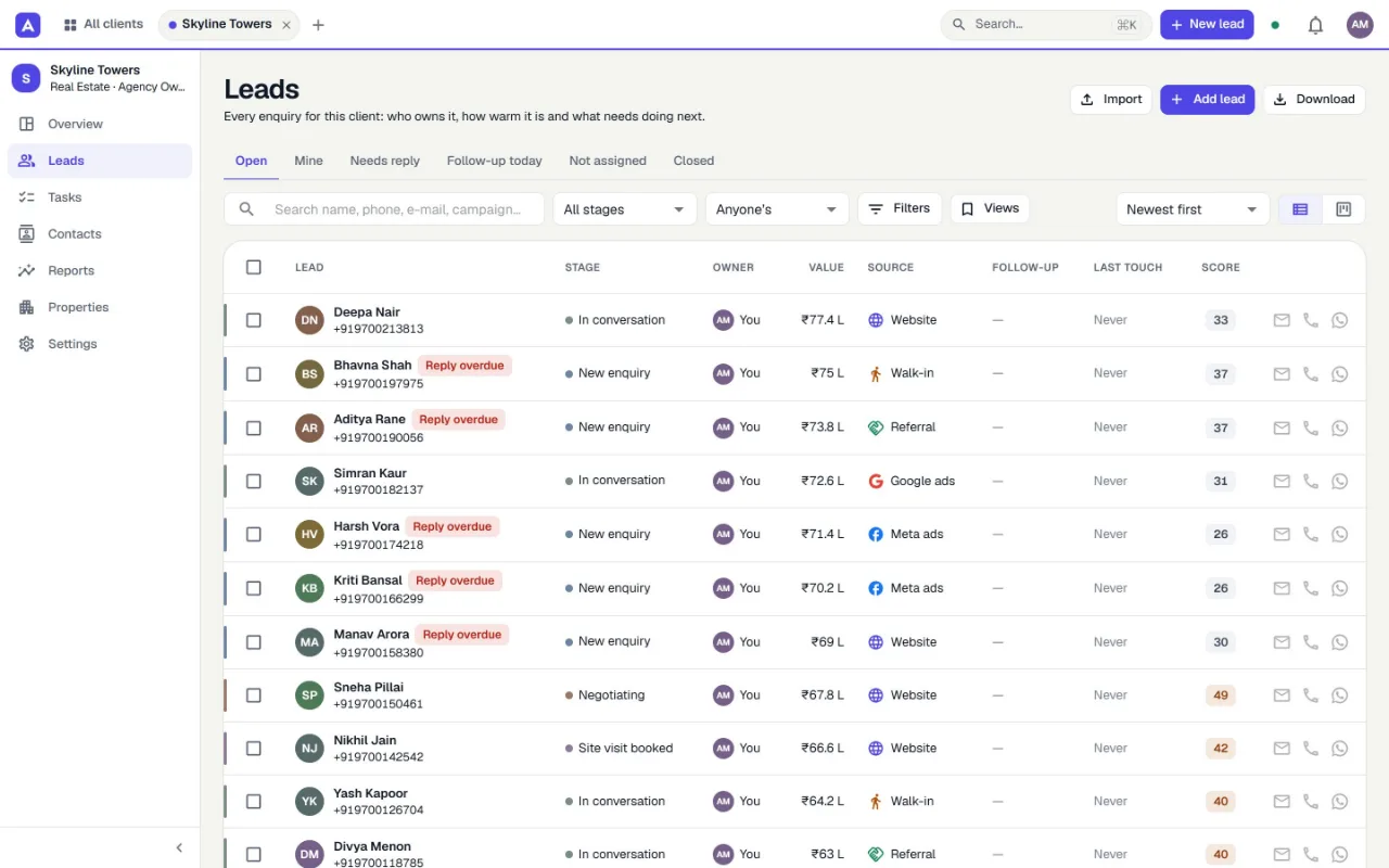 The leads list with stage, owner, source and follow-up for each lead