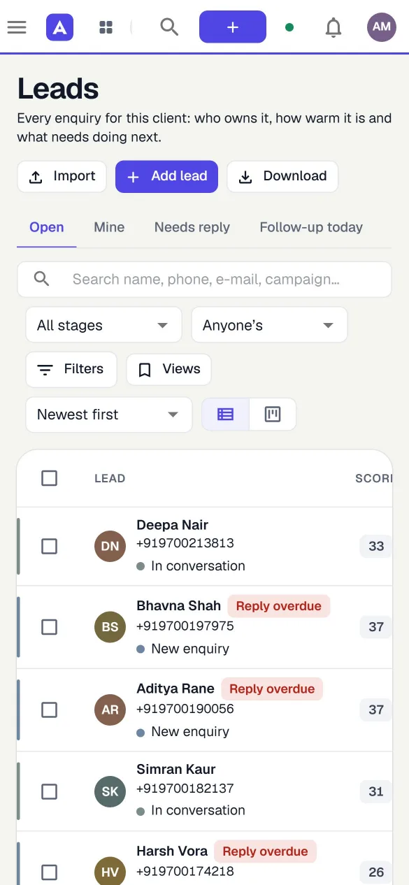 The leads list on a phone